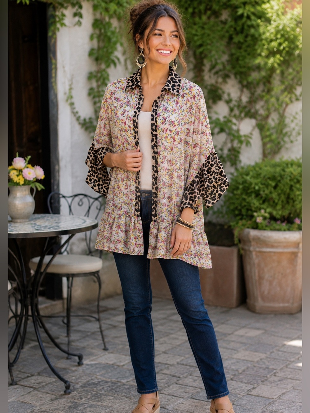 Umgee Floral Leopard Print Sheer Ruffle Hem Button Tunic Top L